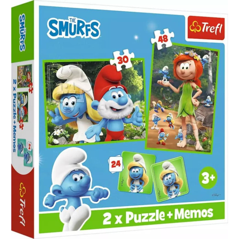 Trefl 93656 Puzzle 2w1 + MEMOS Wesołe zabawy Smerfów