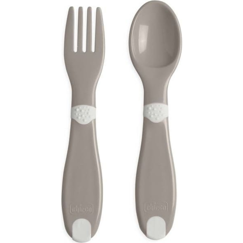Chicco 179404 – Pirmieji plastikiniai stalo įrankiai, nuo 12 mėn., pilki