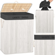 Springos Bambukinis skalbinių krep&scaron;ys su dangčiu Springos HA7505105 l, dviejų skyrių, baltas, pilkas