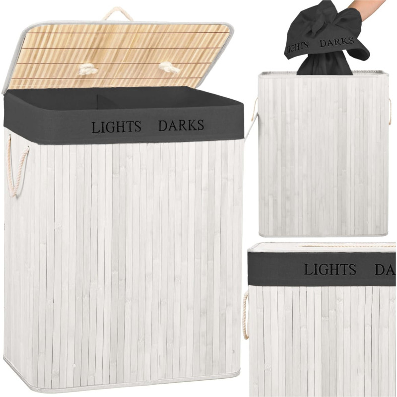 Springos Bambukinis skalbinių krep&scaron;ys su dangčiu Springos HA7505105 l, dviejų skyrių, baltas, pilkas