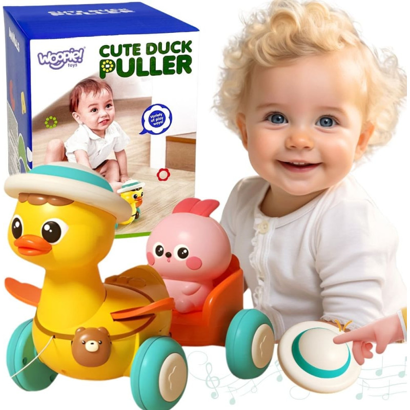 Woopie BABY Ż&oacute;łta Kaczuszka z R&oacute;żowym Kr&oacute;liczkiem w Przyczepce do Ciągnięcia