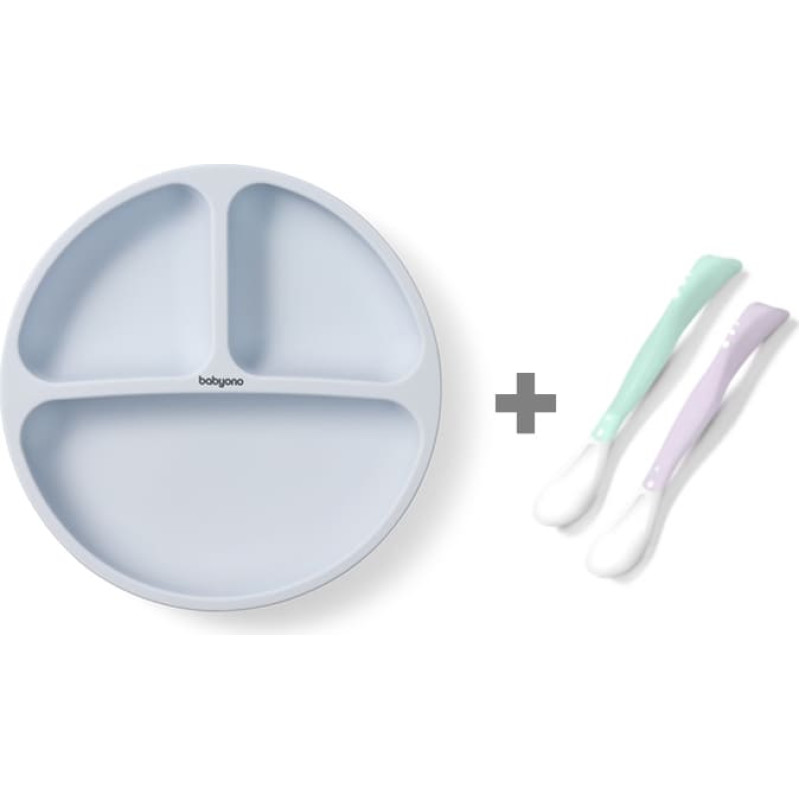 Babyono Silikona &scaron;ķīvis 1482/01 blue + elastīgas karotes 1066 DĀVANĀ!