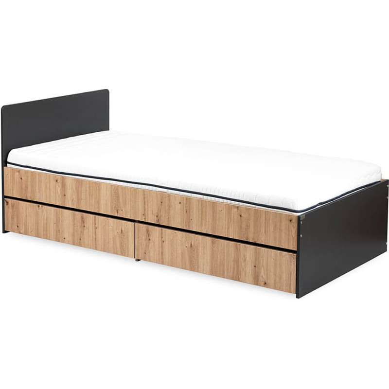 Klups LITTLE SKY by KLUPŚ, paauglių lova su stalčiumi DALIA, antracito–ąžuolo spalvos, 200x90