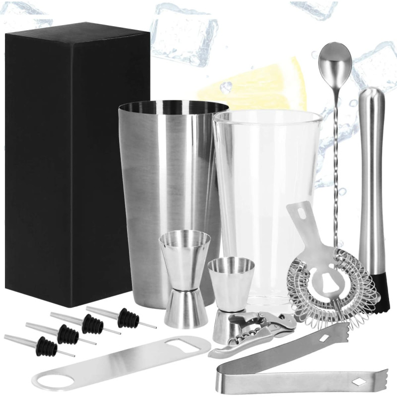 Springos Barmeno rinkinys Bostono plaktuvas stiklinė Springos KI0015 14 vnt. sidabrinis