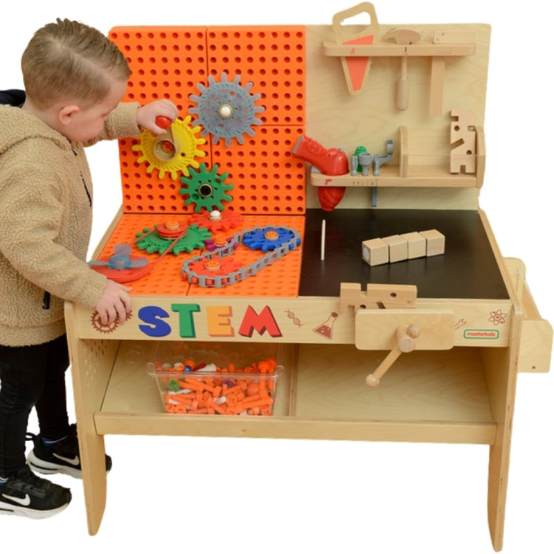 Masterkidz medinis dirbtuvių stalas XXL Montessori STEM su įrankiais + priedai