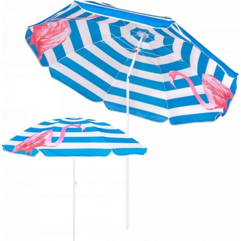 Paplūdimio skėtis su reguliuojamu aukščiu ir posvyrio funkcija Springos BU0013, 180 cm, su rožinių flamingų dizainu