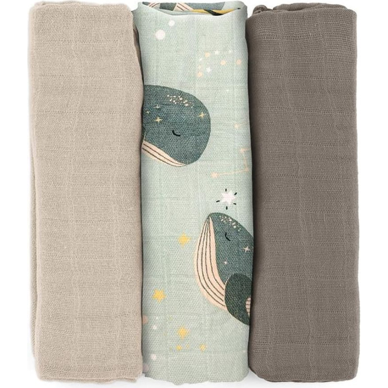 Petite&Mars 415368 Zestaw pieluszek z muślinu bambusowego 3 szt 68x68 cm Whale Song
