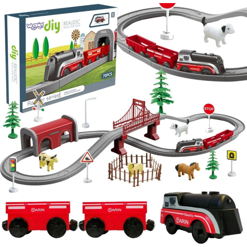 Woopie Zestaw Elektryczna Kolejka Lokomotywa Tor Farma Zwierzęta 70 el.