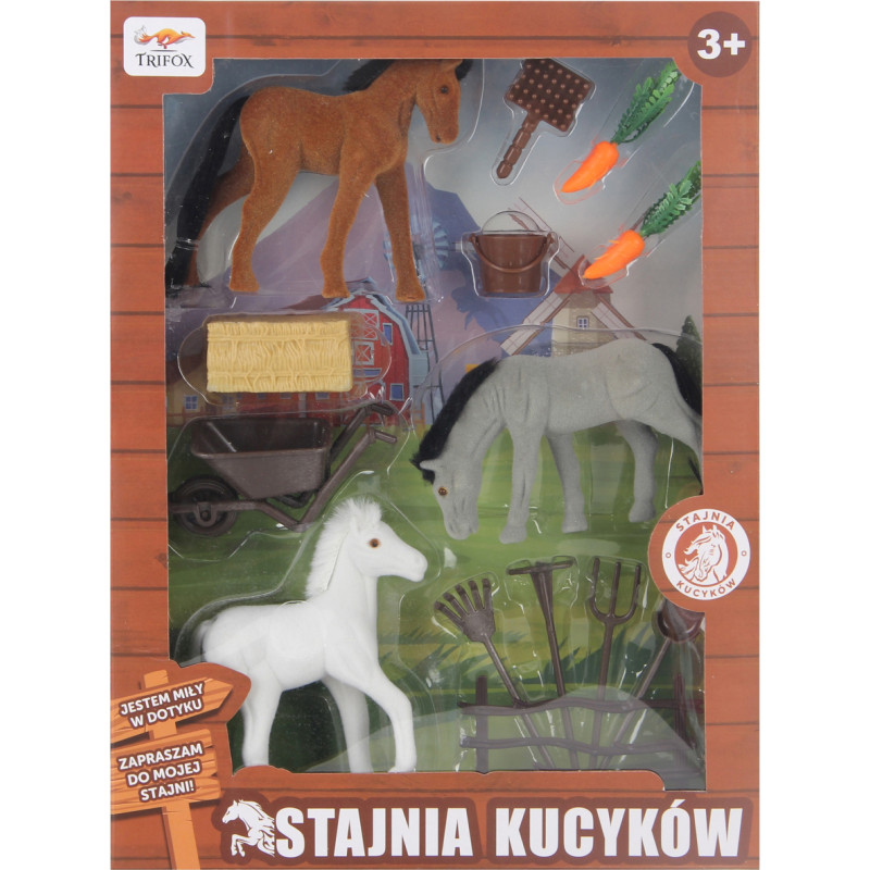 ZESTAW 3 KONI FLOKOWANYCH Z AKCESORIAMI