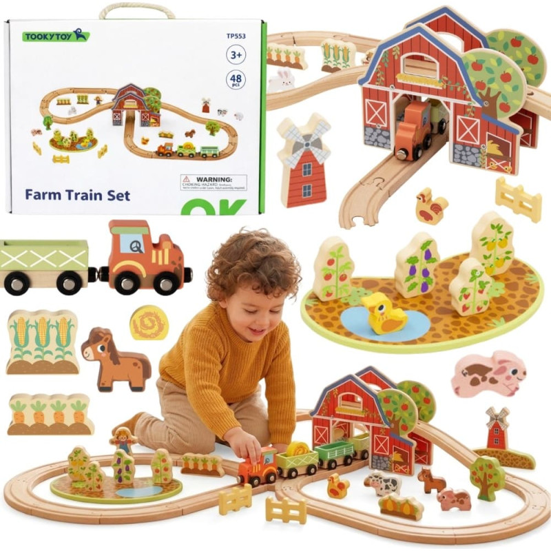 Tooky Toy Wooden Farm Train Set 48 pcs.
