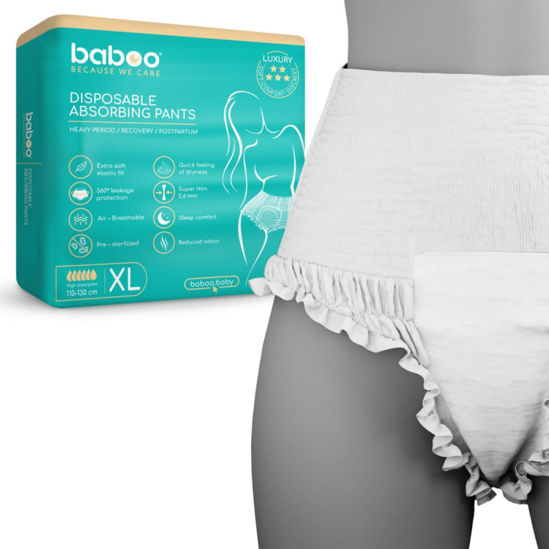 Baboo Vienreizlietojamas pēcdzemdību absorbējošās biksītes (arī urīna nesaturēšanai), izmērs XL, 5 gab.