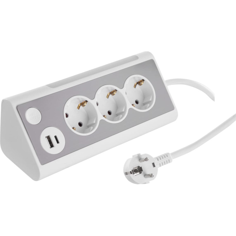 Mājsaimniecības pagarinātājs ar zemējumu, 3 x 1,5 mm, 1,5 m, USB A/C, 3 kontaktligzdas, balts/pelēks
