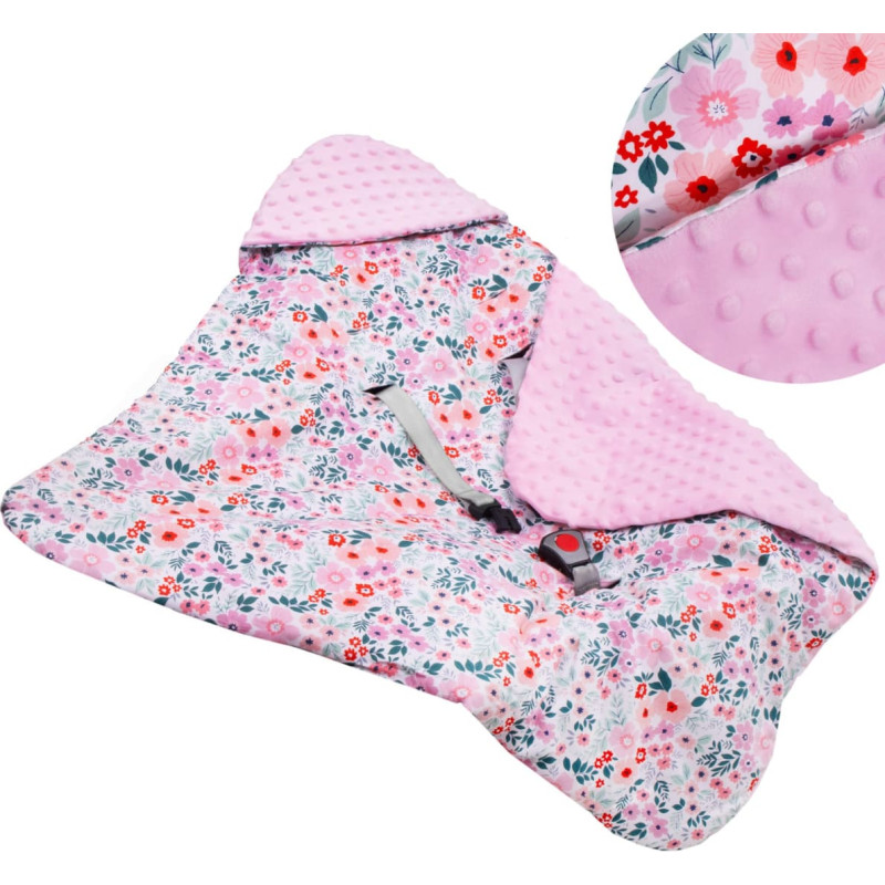 Springos Kūdikio užklotas automobilinei kėdutei ir nešynei Springos SB0052, 77x77 cm, dvipusis su gobtuvu, gėlių raštas, rožinė/įvairiaspalvė