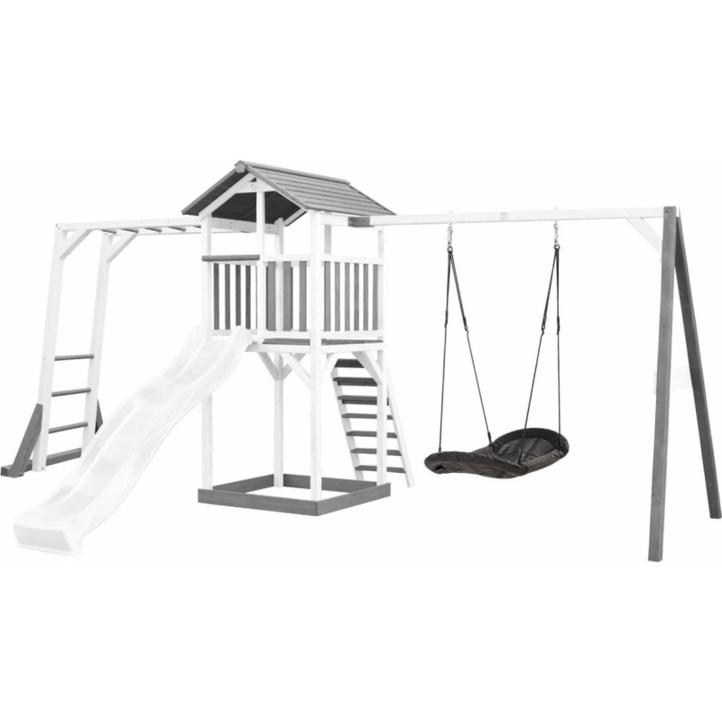 AXI medinė žaidimų aikštelė: bokštas su sūpynėmis, laipiojimo kopėtėlės, XLL čiuožykla