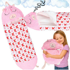 Bērnu guļammaiss tūrisma spilvens 2in1 135x50cm rozā krāsā