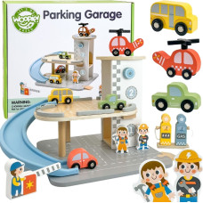 Woopie GREEN Drewniany Parking Piętrowy 2w1 Stacja Benzynowa z Autkami i Figurkami 12 el. FSC