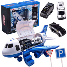 Woopie Samolot Rozkładany Transporter Policja z 3 Autami Policyjnymi Zestaw XL Znaki Drogowe