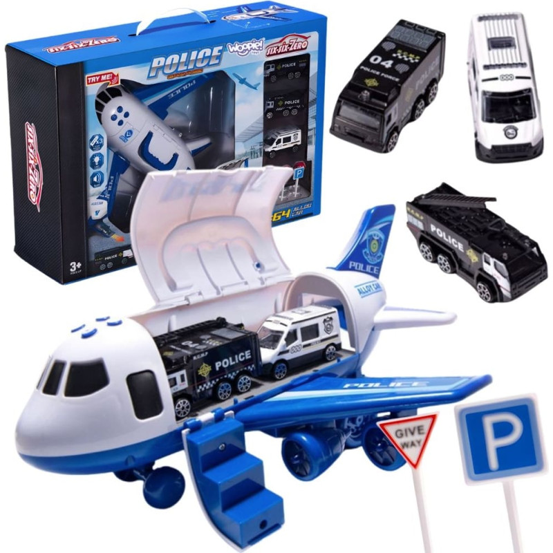 Woopie Samolot Rozkładany Transporter Policja z 3 Autami Policyjnymi Zestaw XL Znaki Drogowe
