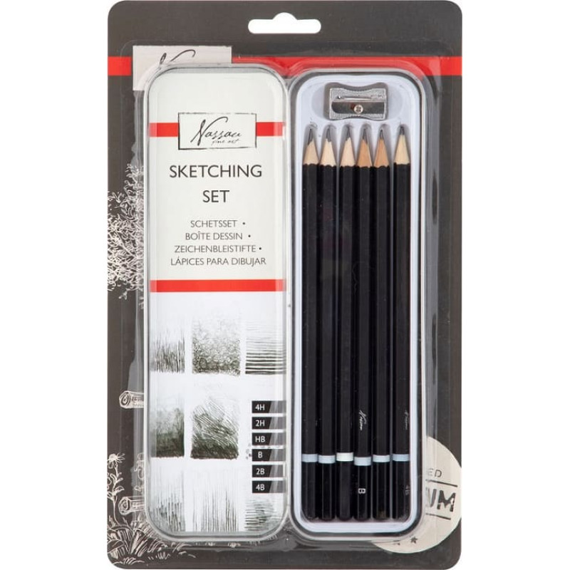 Nassau grafitiniai pieštukai metalinėje dėžutėje su drožtuku, 6 vnt.