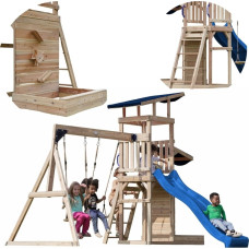 AXI didelė medinė žaidimų aikštelė: sūpynės, čiuožykla, bokštas + smėlio dėžė