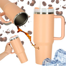 Termo puodelis su šiaudeliu ir rankena, 1200 ml, matinės rožinės spalvos