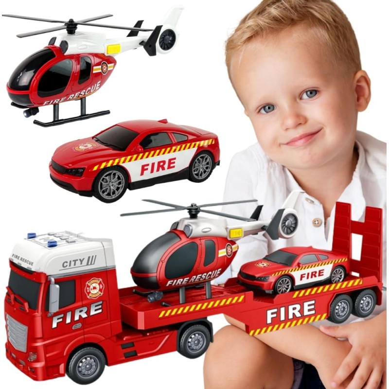Woopie Zestaw Pojazd&oacute;w Laweta Strażacka Helikopter Samoch&oacute;d Dźwięk Światła