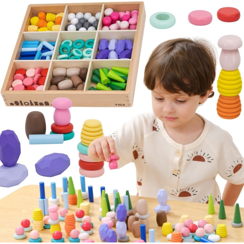 Viga Klocki Drewniane Edukacyjne Układanka Montesori 58el