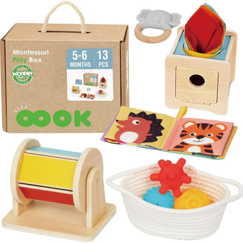 Woopie GREEN Box Pudełko XXL Montessori Edukacyjne 6w1 Sensoryczne 5-6 Miesięcy 13el. FSC