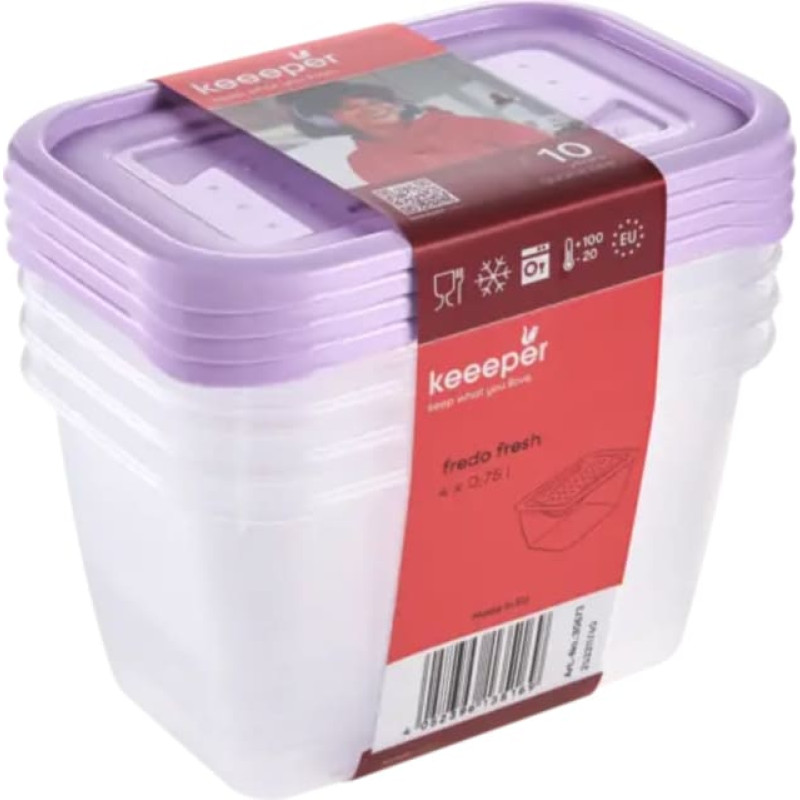 Keeeper Pārtikas trauciņu komplekts taisnstūrveida  4x0,75L Fredo &bdquo;Fresh&ldquo; caurspīdīgs/maigi violets