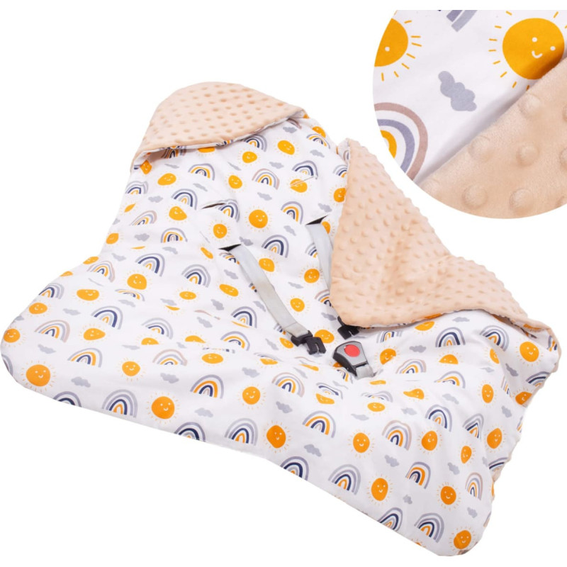 Springos Kūdikio užklotas automobilinei kėdutei ir nešynei Springos SB0051, 77x77 cm, dvipusis su gobtuvu, smėlio/įvairiaspalvis