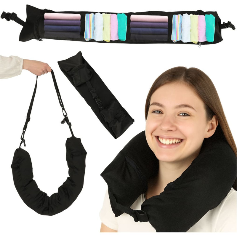 Kelioninė pagalvėlė – galvos ir kaklo atrama su daiktų skyriumi, juoda, pripučiama