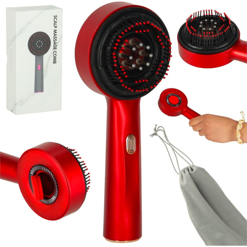 Galvos masažo šepetys plaukų priežiūrai su raudona šviesa, aliejaus aplikatoriumi ir USB įkrovimu