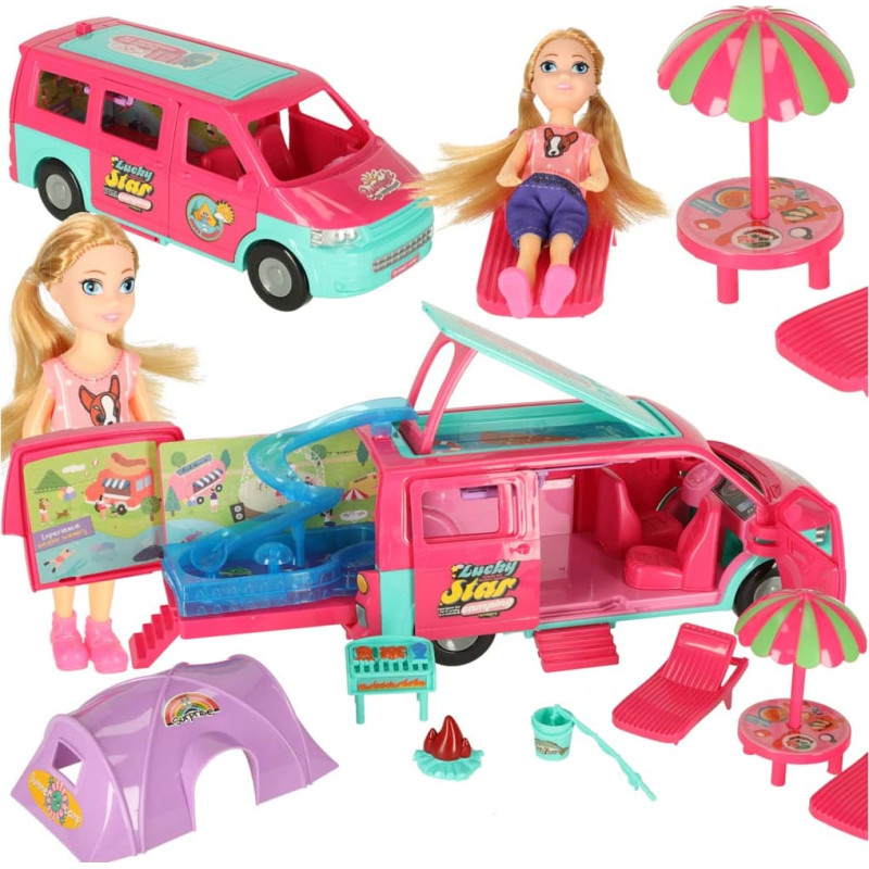 Lėlių automobilis su stovyklavimo kemperio priedais ir lėlių baseinu