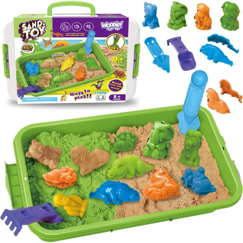 Woopie Piasek Kinetyczny 1,5 kg Zestaw XXL ZOO Safari Stolik z Foremkami