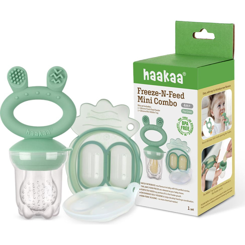 Haakaa Fresh Food Feeder Mini Combo silikona komplekts - fīderis un saldēšanas forma, Pea Green