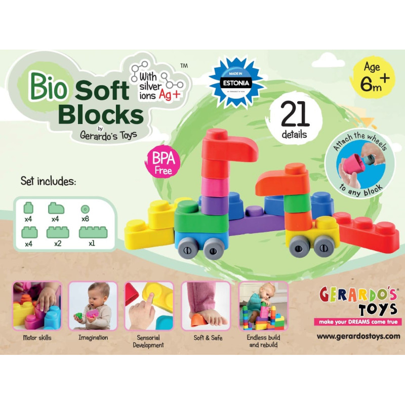 Gerardo's Toys Pehmete klotside komplekt + rattad 21 tk