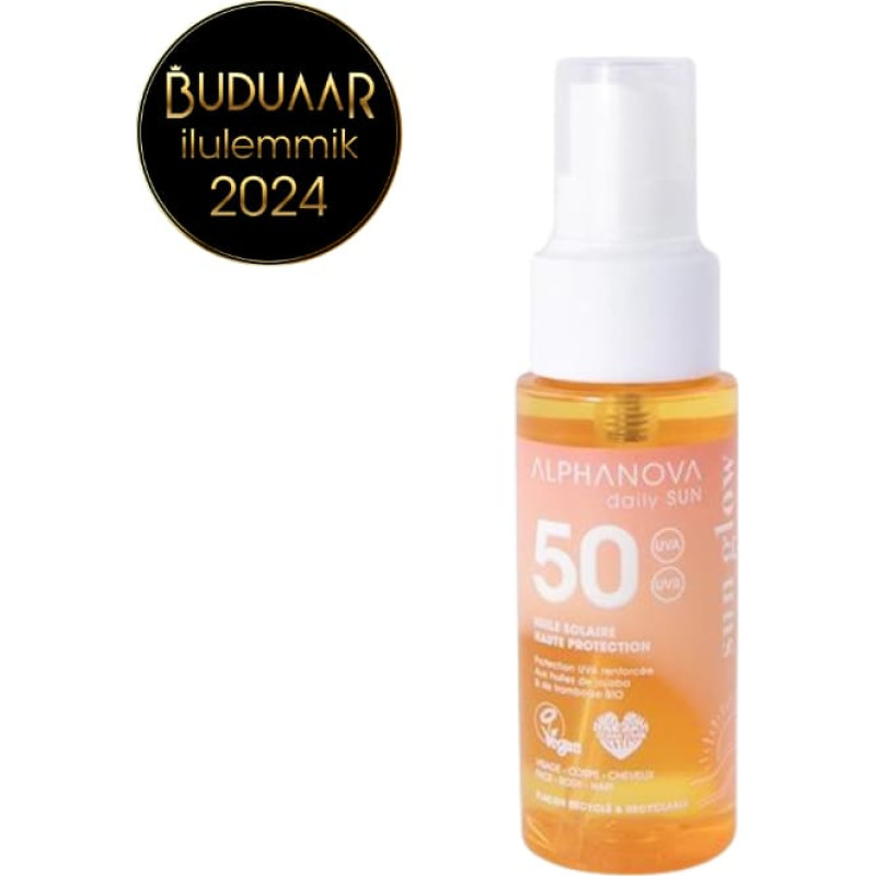 Alphanova Sun DAILY SPF50 Water-Resistant Sunscreen Spray Oil with Raspberry Seed Oil and Jojoba Oil, Mono&iuml; Fragrance, 50 ml (Travel Size)