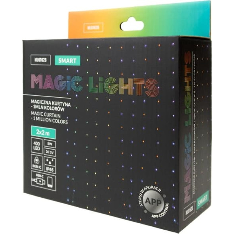 Magic Lights Magic LED Curtain, 400 LEDs, 2 &times; 2 m, 1 Million Colors, DC 5V, APP Control ML61628