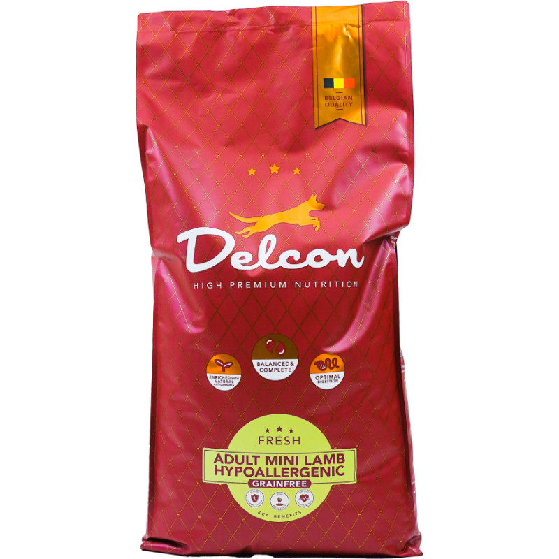 Delcon Visavertis begrūdis pa&scaron;aras suaugusiems mažų veislių &scaron;unims MINI HYPOALLERGENIC su ėriena / 10 kg