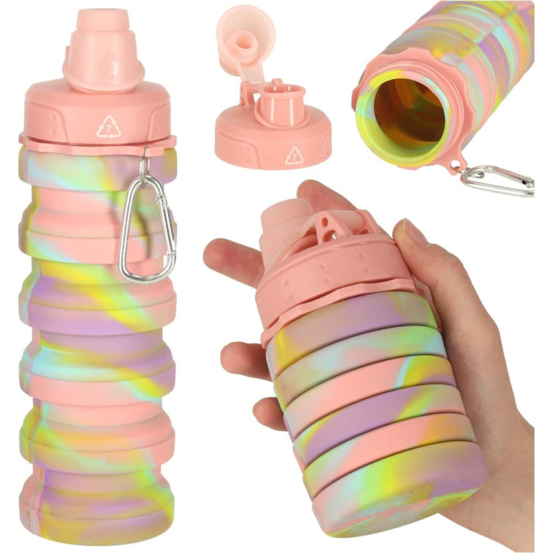 Sulankstomas silikoninis sportinis vandens buteliukas su rankena, 500 ml, vaivorykštinis