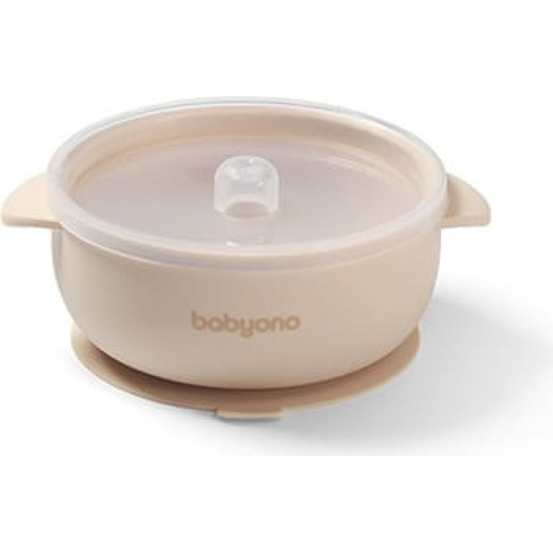 Babyono 1662/03 Silikoninis dubenėlis su siurbtuku ir dangteliu, smėlio spalvos