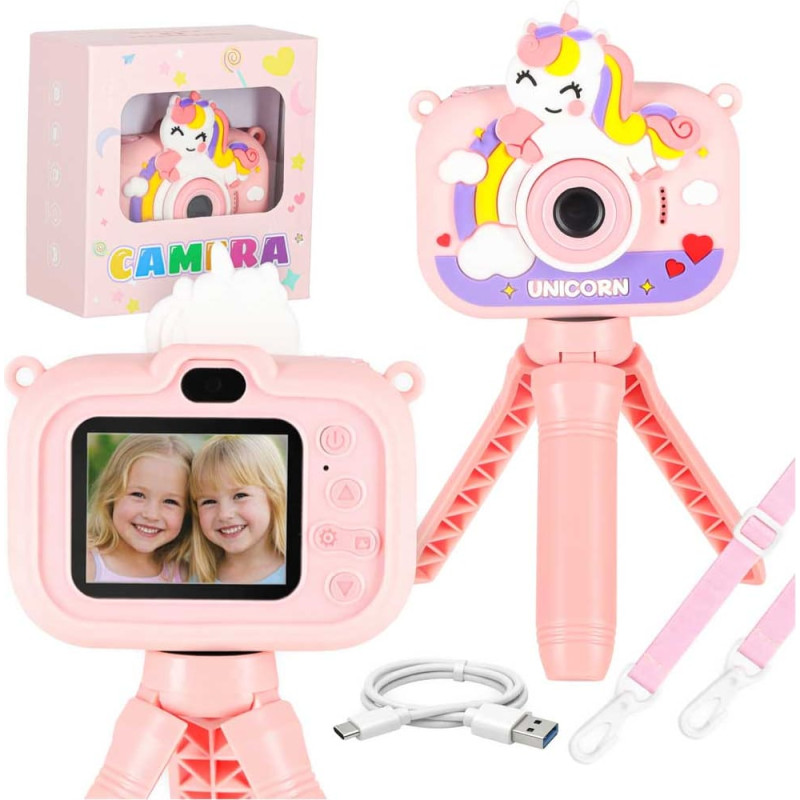 Bērnu digitālā kamera uz statīva vienradzis rozā krāsā