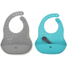Bbl&uuml;v P&ouml;ket 2 Silicone Bibs with Pocket + Spoon, Color Aqua/Grey