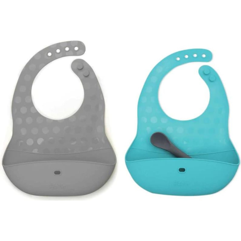 Bbl&uuml;v P&ouml;ket 2 Silicone Bibs with Pocket + Spoon, Color Aqua/Grey