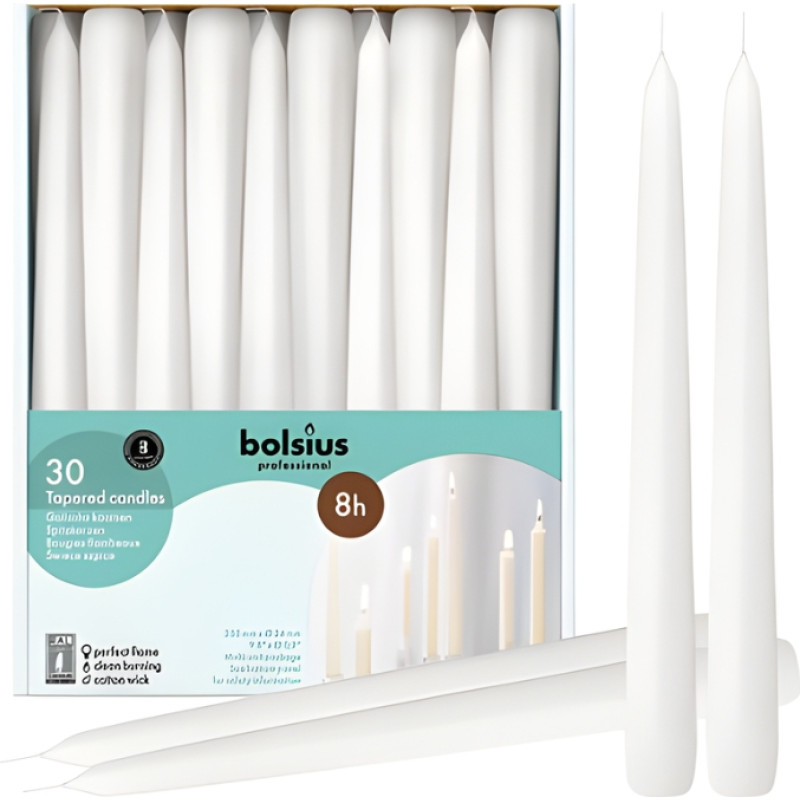 Bolsius Galda sveces Professional 30gab kastē 250/24mm baltas