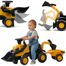 Falk paspiriamas JCB traktorius su priekaba, grėbliu ir kastuvu, tylūs ratai, 1–3 metai