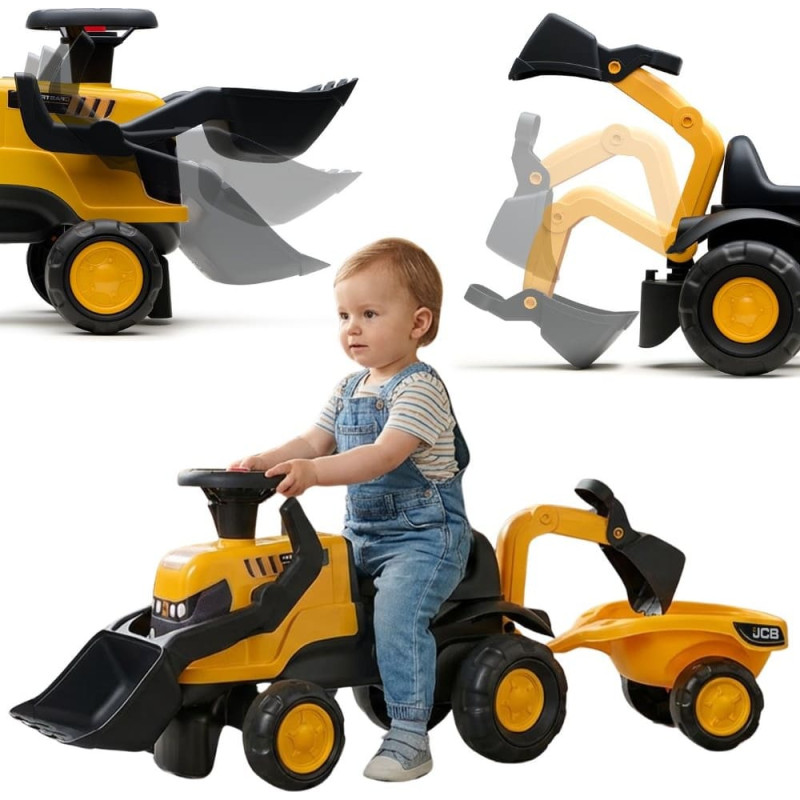 Falk paspiriamas JCB traktorius su priekaba, grėbliu ir kastuvu, tylūs ratai, 1–3 metai