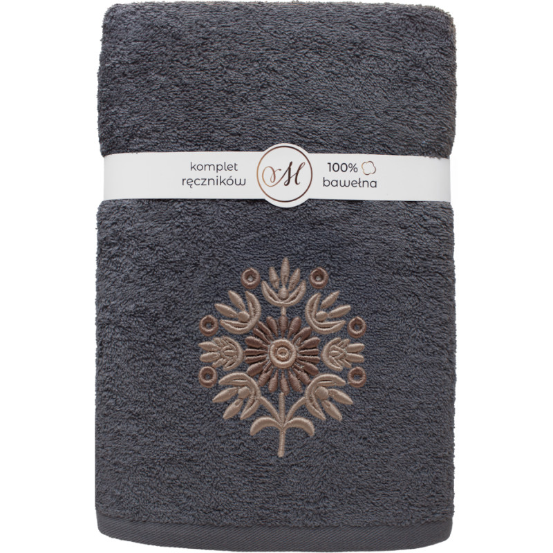 RĘCZNIK KPL.MARIBELLA 3 SZT./30X50/50X100/70X140/ FROTTE HAFT 002 SŁONECZNIK CIEMNY SZARY