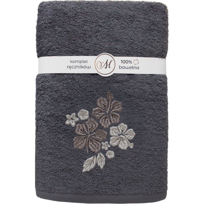 RĘCZNIK KPL.MARIBELLA 3 SZT./30X50/50X100/70X140/ FROTTE HAFT 004 HIBISKUS CIEMNY SZARY