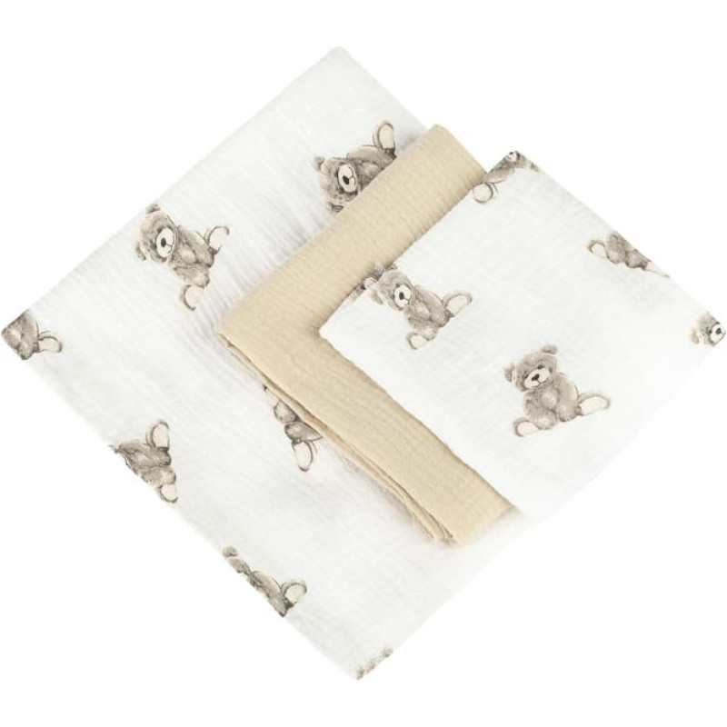 Sensillo DIAPER TRIO CRUSHED MUSLIN 120x120, 70x60, 30x35 3PCS TEDDY BEIGE